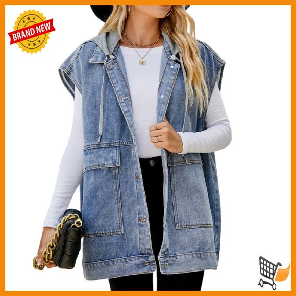 Oversized Denim Vest Sleeveless Jacket Distressed Cotton Mid-Long
